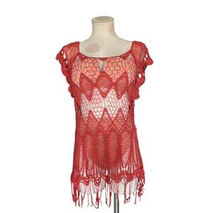 Boho Y2K Festival Coastal Fringe Crochet Cover Up – coral – XL